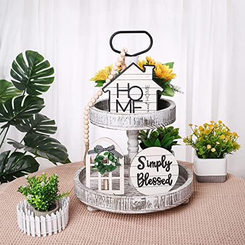 10PCS Farmhouse Tiered Tray Decor Set White Rustic Farm House Wooden Trays Decor Wooden Sign House Decorations for Sweet Home Kitchen Table and Party 